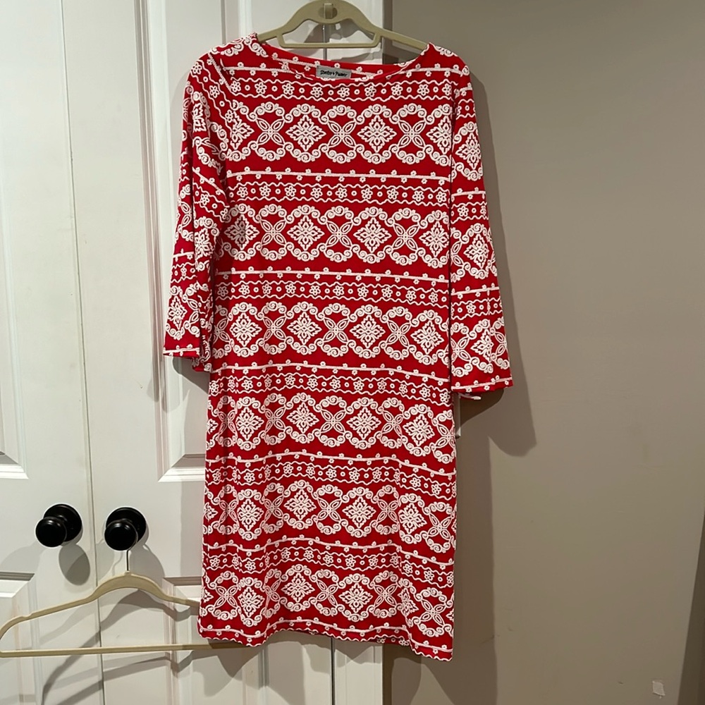Shelby & Palmer, 3/4 length sleeve dress. Pink with white stitching.